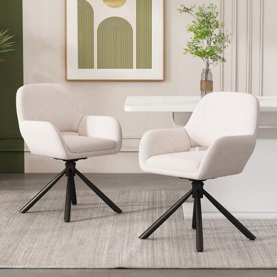 Swivel Dining Chairs, Sherpa Fabric, Set Of 2, With Armrests, Modern And Minimalist Style, White