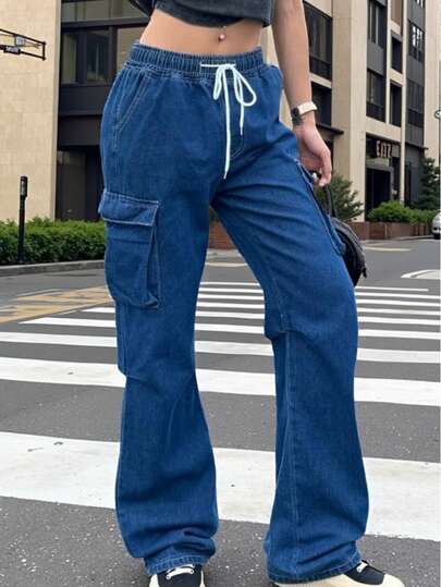 Women's Denim Workwear Style For Autumn And Winter, Made Of Comfortable Non-Stretch Fabric, With A Casual Straight Cut And Multiple Pockets, A And Fashionable Style For Christmas Parties.