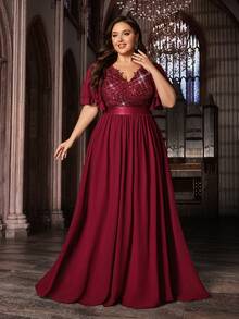 Elegante vestido de noche formal de gasa de unicolor con aplicaciones y parches de lentejuelas para primavera y boda - Burdeos - Ver 3