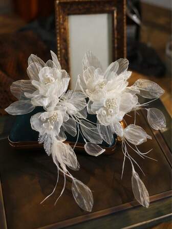 1个儿童布艺网纱花朵珍珠钻石发夹，手工叶子刘海侧夹新娘头饰，适合日常、派对、婚礼、拍照等场合