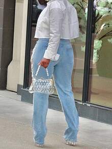 女士破洞牛仔裤 - 珍珠刺绣破洞牛仔裤，毛边裤脚，性感街头风紧身裤，适合约会和外出穿着 - 藍色 - 查看 2