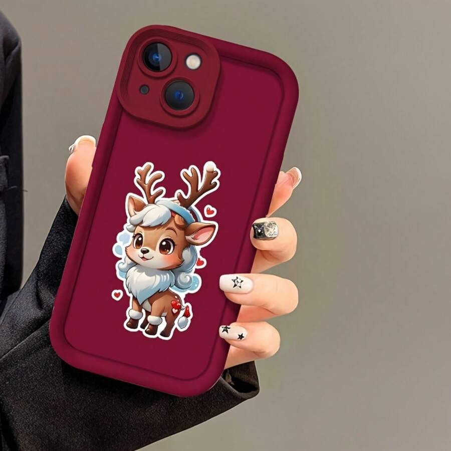 Funda de teléfono con tema navideño que representa una escalera pintada y un ciervo. Compatible con el 11 a 16 de la serie Pro Max. - Burdeos - Ver 1