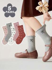 5 Pairs Kids' Thick Warm Polka Dot Bow Lace Mid-Calf Socks, Autumn/Winter - Multicolor - View 8
