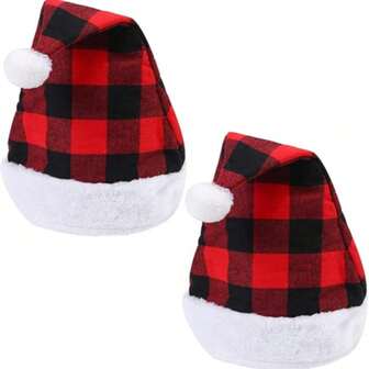 2 piezas Gorro de Navidad, Gorro de Papá Noel, Gorro de Papá Noel a cuadros rojos y negros, Gorro de felpa lujoso adecuado para regalos de Navidad de mujeres y hombres, accesorios de ropa, decoración de fiesta navideña