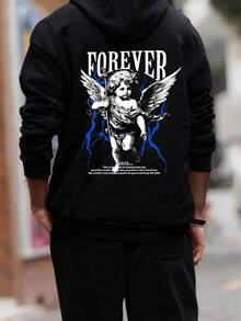 青少年男孩趣味印花套头卫衣，带保暖内衬，适合秋冬季穿着 - 黑色 - 查看 2