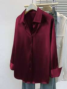 Satin Bluse in Große Größen für Damen, Business Lässig Knopfleiste Hemd, Kragen Design, elegant für Büro und Freizeitmode, geeignet für Herbst, Winter und Frühling - Bordeaux - Übersicht 6