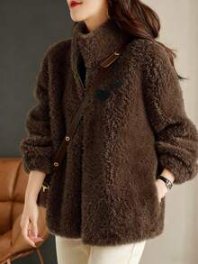 Women's Heart Embroidered Zip-Up Fluffy Loose Jacket, Autumn/Winter - Rust Brown - View 3