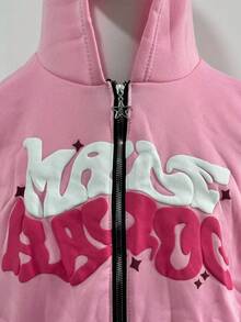 Y2K Retro Star And Letter Printed Zipper Hoodies,Spring Autumn Harajuku Y2K Women And Men Fashion Hip Hop Long Sleeve Hooded ,Avant-Garde - Street Casual Spring/Fall Loose Zipper Pocket Patched,Autumn And Winter Gothic Coat - 粉色 - 查看 4