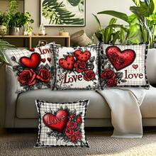 4pcs Valentine's Day Dark Rose & Heart Pattern Pillow Cover, Single-Sided Printed Cushion Cover, Suitable For Living Room, Bedroom, Home Decor, All Season - Multicolor - View 10