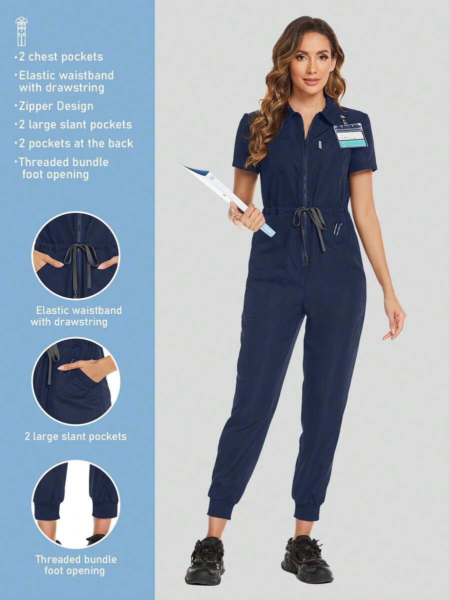 Zip Up Short Sleeve Tie Up Casual Nursing Jumpsuit