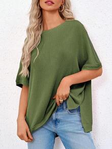 Women's Oversized Summer Casual Ribbed Batwing Short Sleeve Tunic Tops Loose Fit Dolman Sleeve Tees - Orange - View 4