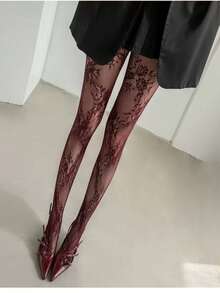 Sexy Lace High Elasticity Tight Pantyhose, Sexy Jacquard Mesh Stockings, Fishnet Thigh High Socks, Women's Leggings - Burgundy - View 5