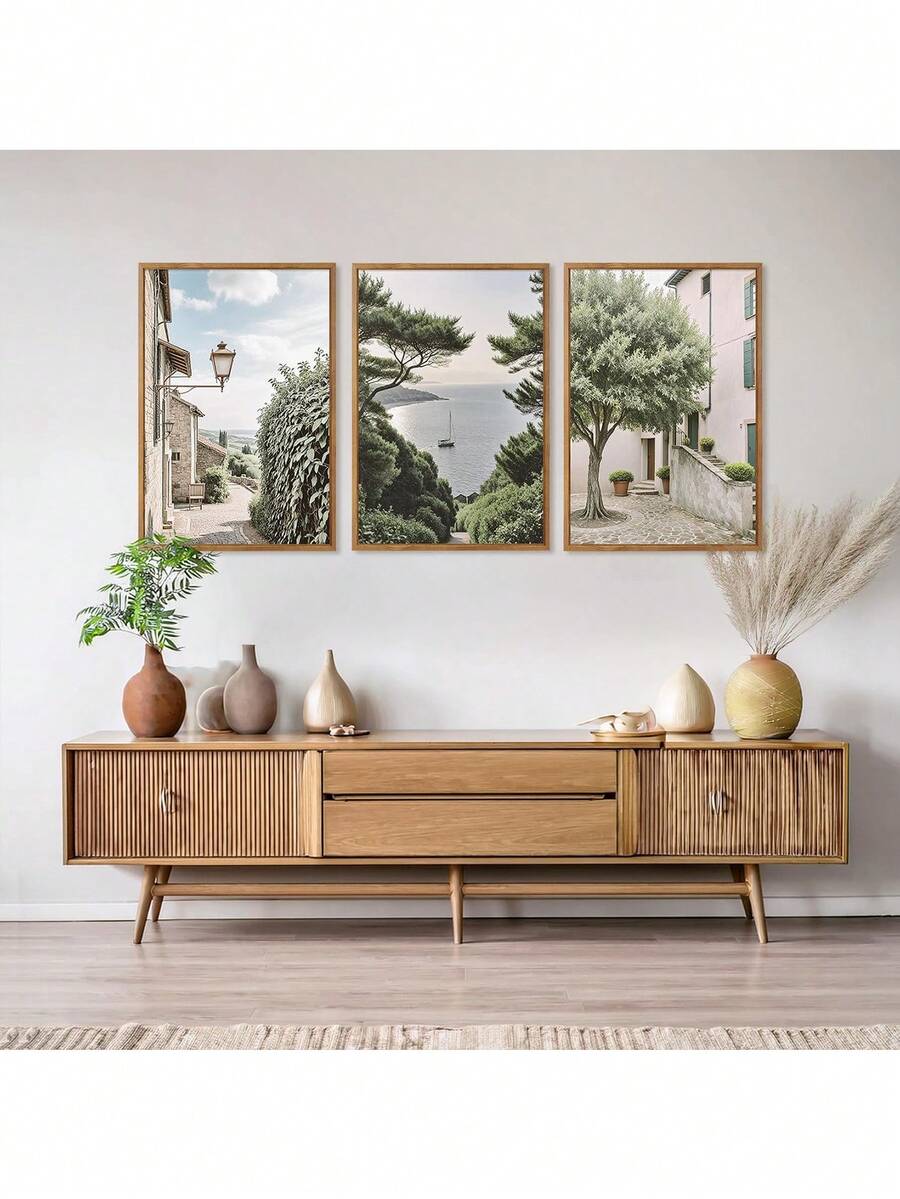 CPWAD 3件套意大利都市风景画廊墙画,复古地中海乡村风景帆布海报,现代客厅、卧室、餐厅及家居装饰画,无框 - 多色 - 查看 1