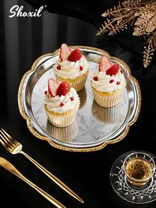 shoxil 1pc Two Tone Gold Trim Serving Platters With Tropical Leaf Pattern, Multi Shape Stainless Steel Trays, Elegant Tableware For Catering Buffet Tea Party Snack Service And Holiday Events - Tray - View 4