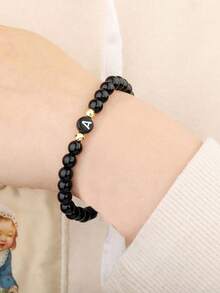 1pc 6mm Black Letter B Elastic Casual Minimalist Women Beaded Bracelet - Golden B2442 - View 2