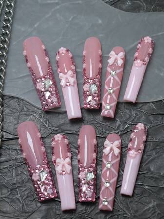 CrystalHola Christmas Nails, 10 Pieces Of Handmade Fake Nails Press-On Nails, French Tip Nails, Long Pink Ballet Nails With Artificial Gemstones And Bows, Fake Nails, Luxurious And Cute Nails, Y2K, Chrome, Acrylic Press-On Nails, Suitable For Music Festival Parties And Everyday Wear, Autumn And Winter, A Good Gift For Girls And Women, New Year Nails.