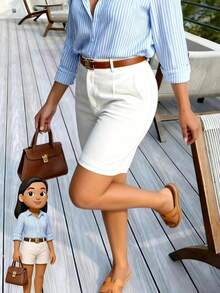 夏季纯色简约斜口袋短裤返校教师 - 白色 - 查看 4