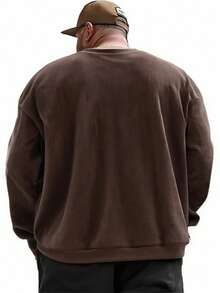 Moletom Gola Careca Estilo Vintage Plus Size para Homens, Moletom de Veludo Casual para Compras, Encontros, Viagens, Vida Diária, Presente para o Dia dos Pais - Castanho - Visão 3