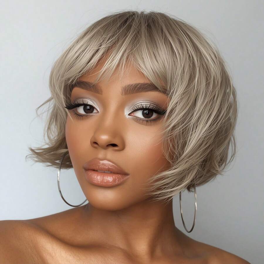 Synthetic Hair Dark Brown With Green Highlights Short Layered Bob Wig - Stylish & Sleek Style Suitable For Women, Ideal For Daily Wear Or Special Occasions - Màu be - Xem 1