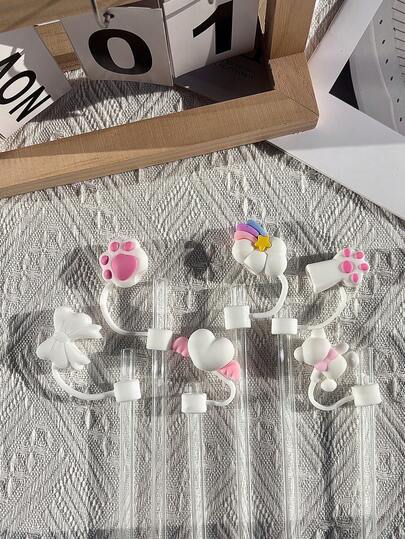 6Pcs White Cue Straw Cover Cap For Cup 40 30oz Tumbler, 10mm Reusable Cute Drinking Straw Topper Accessories, Portable Protector Plugs Decorations Gifts For Party Cute Cartoon Flower Straw Dust Cover, Compatible With Stanley Cup Accessories