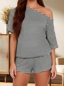 Women Summer Pajama Set Solid Color Off Shoulder Short Sleeve Tops And Mini Shorts 2 Piece Lounge Outfit - Dark Grey - View 1