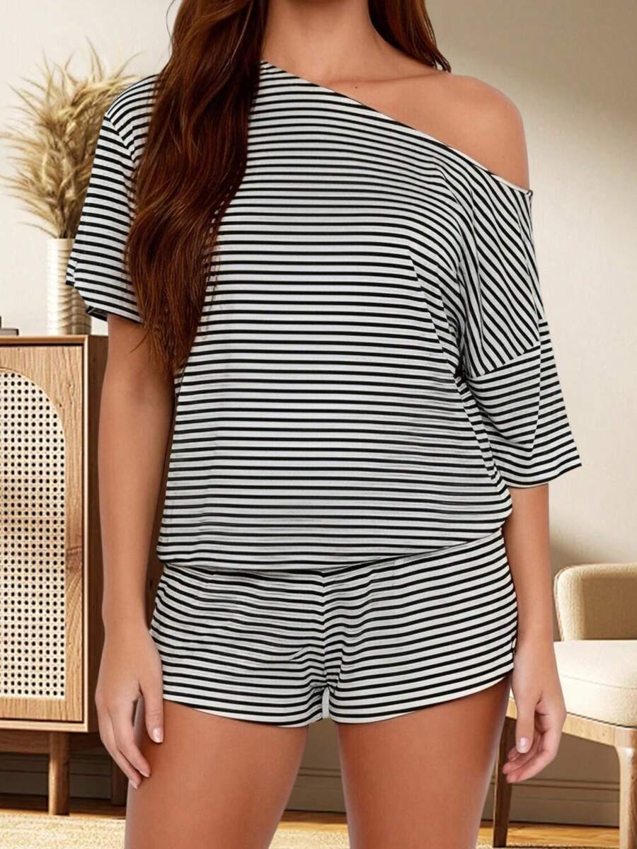 Women Summer Pajama Set Solid Color Off Shoulder Short Sleeve Tops And Mini Shorts 2 Piece Lounge Outfit - Dark Grey - View 1