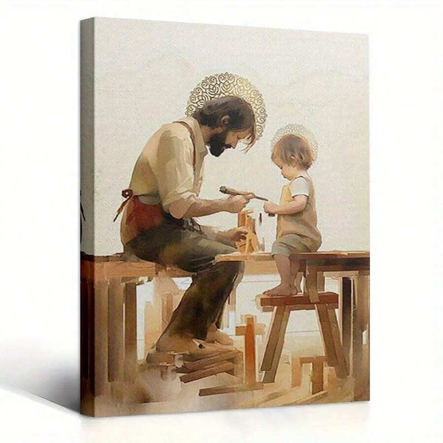 1 PC St. Joseph And The Infant Jesus Woodworking Scene Canvas Wall Art, Modern Abstract Retro Christian Wall Art, Religious Inspirational Bible Story Painting Print, Suitable For Christmas, Easter, Thanksgiving Decoration Gift, Living Room, Office, Church, Etc., Home Decoration, Framed, Ready To Hang Immediately - 彩色 - 查看 1