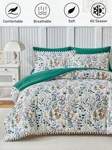 2/3件套绿色植物叶子图案印花涤纶被套组，带绒球流苏，现代田园风四季皆宜床上用品套装，柔软透气，可机洗（1个被套+1/2个枕套，不含填充物） - 綠色 - 查看 2