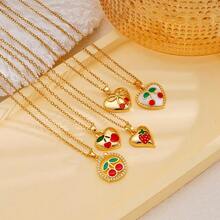 1 pieza Collar de moda con una cereza y un corazón de fresa, un diseño lindo y único, con una cadena sencilla para la clavícula. Es adecuado para regalar a diario