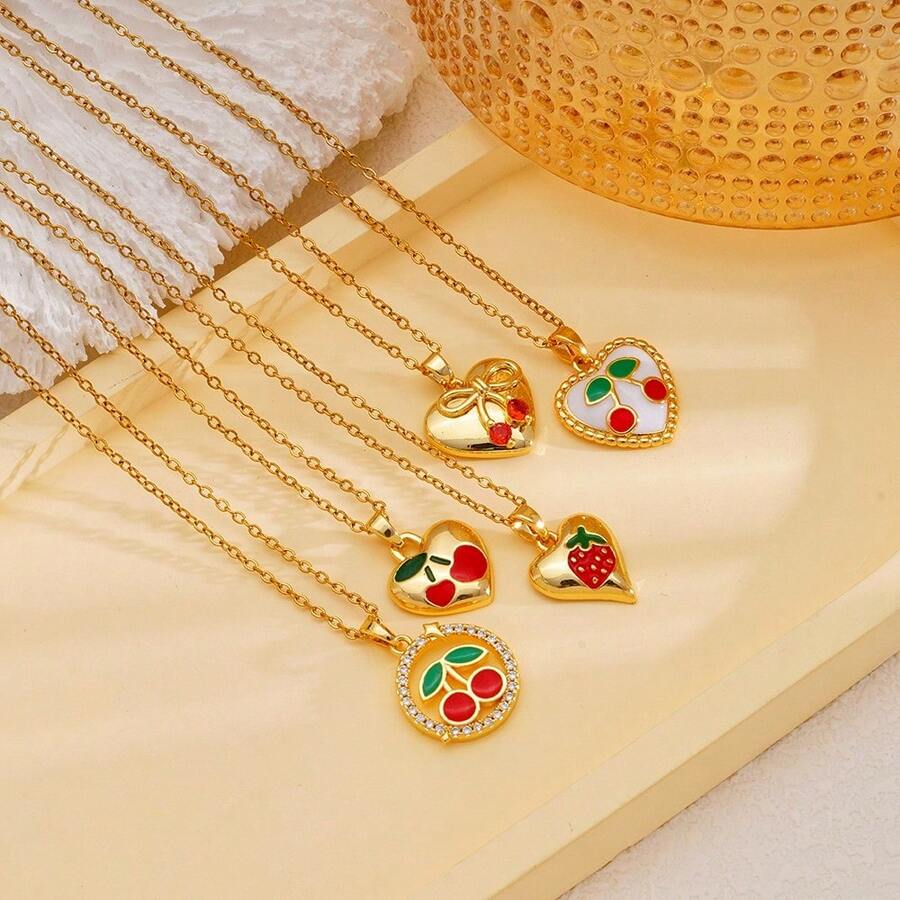1 pieza Collar de moda con una cereza y un corazón de fresa, un diseño lindo y único, con una cadena sencilla para la clavícula. Es adecuado para regalar a diario