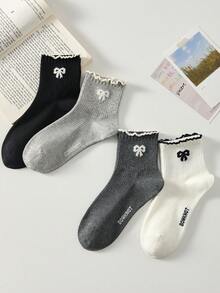 4 đôi tất ngắn nữ màu đen trắng có bèo nhún và nơ, thoáng khí và thoải mái, phù hợp cho mọi mùa. - Đen và trắng - Xem 7