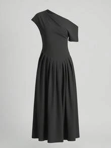 Đầm dài dáng chữ A SMILE CHIC dành cho nữ, cổ áo bất đối xứng thanh lịch, không tay, chi tiết xếp ly, chất liệu vải dệt có độ co giãn nhẹ, phù hợp cho kỳ nghỉ và mặc hàng ngày, màu đen mùa hè. - màu đen - Xem 4