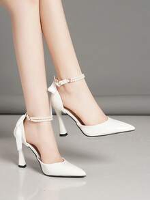 Nya vårmode med rosett och svarta och vinröda högklackade pumps med spetsiga tå, franska mångsidiga fest- och bröllopsskor för kvinnor - Vitt - Visa 2
