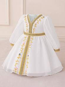 女婴长袖金属丝带刺绣雪纺派对连衣裙，适合节日庆典和家庭聚会，不含头饰 - 白色 - 查看 5