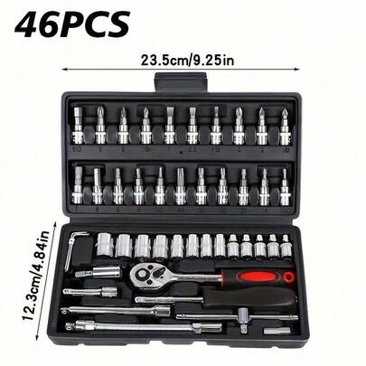 46 Piece 1/4 Inch Drive Socket Ratchet Wrench Set, With Socket Kit Metric And Extension Rod, For Car Repair And Home Use, With Storage Box Socket Wrench Set, Ratchet Wrench Set And Extension Rod Universal Slider Rod Extension Socket, Tools For Men