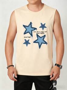 Men's Slogan & Star Print Relaxed Fit Crew Neck Tank Top - Apricot - View 1