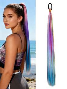 1pc 26-Inch Straight Ombre Purple-Blue Braided Ponytail Hair Extensions, With Elastic Band, Suitable For Girls And Women For Party And Festival Wear - Multicolor - View 8