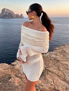European And American Hot-Selling Off-Shoulder Long Sleeve Dress Elegant Fashion Casual Long Dress Solid Color Strapless Dress Women's Clothing - 白色 - 查看 7