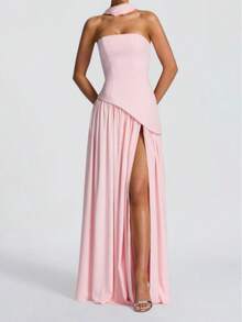 Women's Summer New Fashion Strapless Long Dress - Pink - View 1