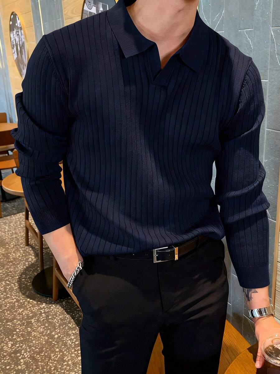 Men's Loose Fit Thin Long Sleeve Ribbed Knit Polo Shirt, Minimalist & Fashionable, Suitable For Daily Commute, Spring/Autumn