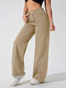 Quần jeans ống đứng màu mơ thường ngày dành cho bé gái tuổi teen - Màu Khaki - Xem 5