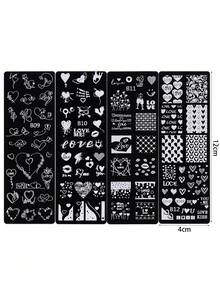 1片/4片装心形花朵美甲印花板，包含翅膀、心形嘴唇、情书图案，Y2K情人节设计，美甲印花模板，美甲配件，适合女性和女孩，美甲用品 - 銀色 - 查看 15