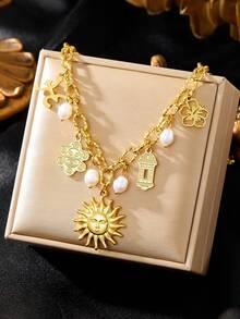 RAYQUEEN 1pc Stainless Steel Sun Face Pendant Necklace, Unique Design, Suitable For Daily Wear - Yellow Gold - View 7