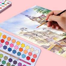 Set de Watercolor 48 Color, El Conjunto Profesional Cuenta con 8 Papeles de Acuarela, Pincel Acuático, Brush, Pincel de Parbón, Esponja, Pigmento Blanco, Set para Principiantes y Profesionales - 1 - Ver 8