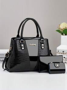 3pcs Women's PU Leather Handbag Set, Elegant Fashion Tote Bag With Coin Purse And Card Holder, Multifunctional Large Capacity Shoulder Bag, Stylish And Unique Design, Multiple Colors Available - Black - View 8