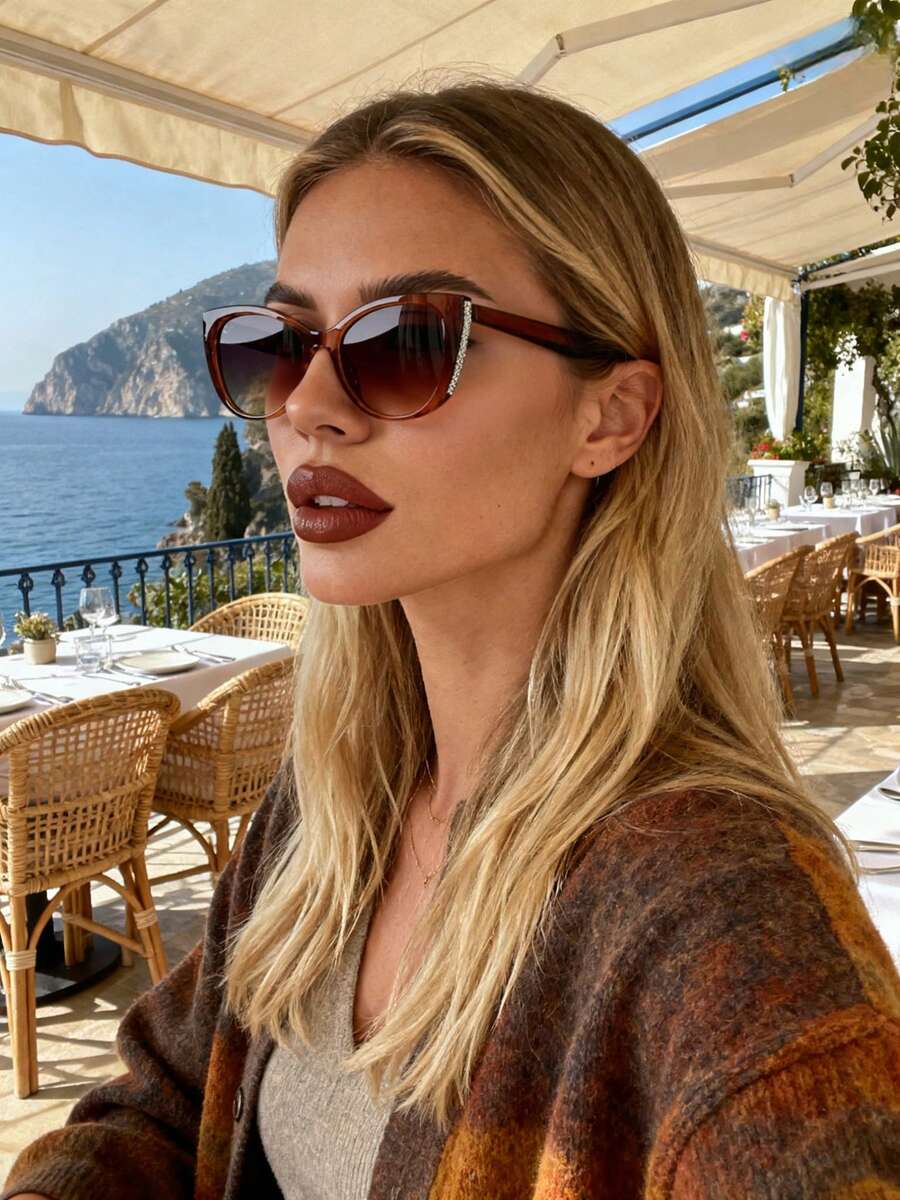 Women's Bohemian Cat Eye - Ombre Brown Plastic Frame Classic Fashion Glasses, Suitable For Women's Outdoor Travel, Beach Vacation And Daily Matching - 彩色 - 查看 1
