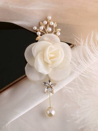 1pc Elegant Gold Leaf, Star Beaded Groom/Groomsman Lapel Pin, Bridal/Bridesmaid Rose Corsage For Wedding, Party, Valentine's Day