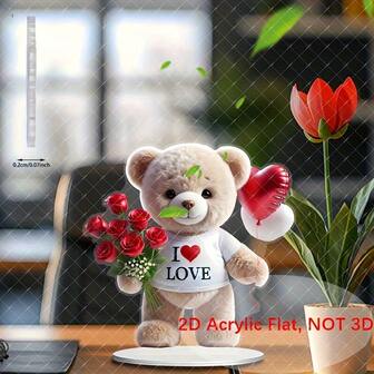 2D Flat Printed Charming "I Love You" Teddy Bear With Rose Bouquet Acrylic Desktop Decoration, Vibrant And Realistic Design On White Base, Ideal Romantic Gift For Home, Office, Valentine's Day, Plush Animals