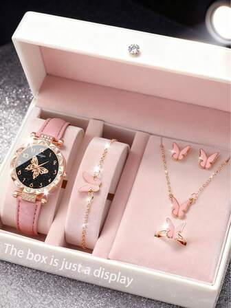 6 delar/set söt rosa kvartsklocka med fjärilselement + populära accessoarer presentset för flickor, lämplig för Ramadan, jul och flickpresenter