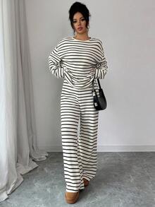 Women's Black & White Striped Off-Shoulder Long Sleeve T-Shirt And Elastic Waist Striped Pants Loose 2-Piece Set, Suitable For Daily, Commuting, Casual, Vacation, Bohemian - Black and White - View 7